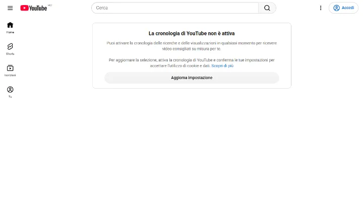 La pagina iniziale di YouTube senza accesso, con il messaggio sulla cronologia non attiva