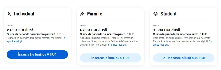 Pagina YouTube Premium cu planurile Individual, Familie și Student și cu oferta Premium Lite