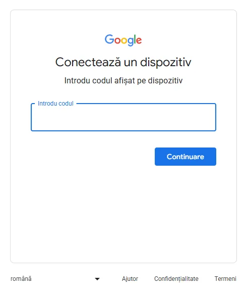 Pagina Google Conectează un dispozitiv, cu câmpul pentru introducerea codului