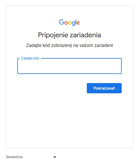 Stránka Googlu Pripojenie zariadenia s poľom na zadanie kódu